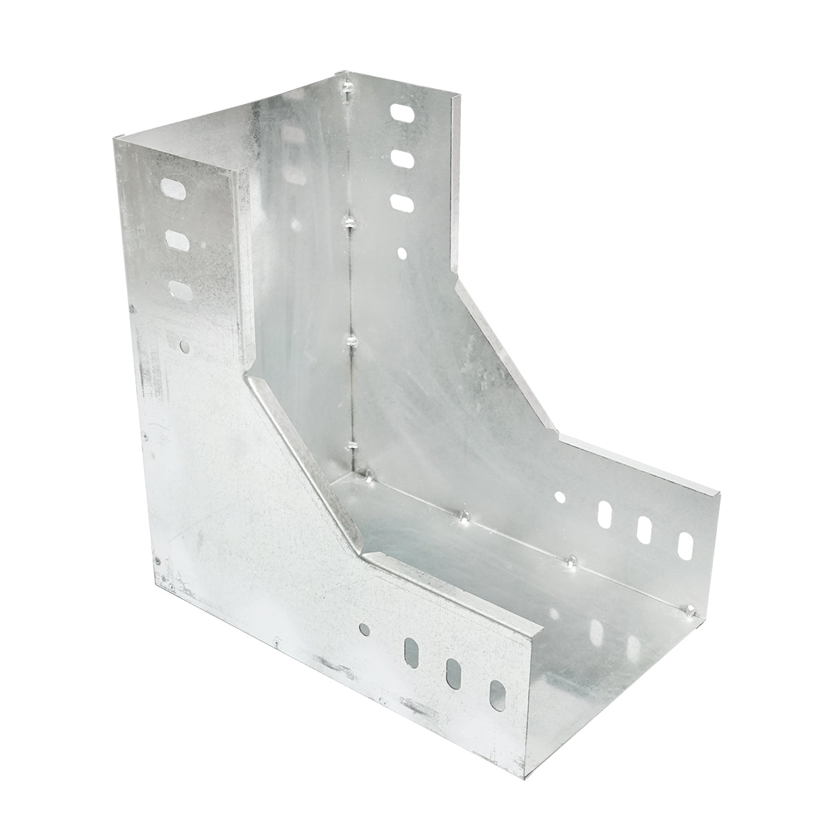 Vertical 90-degree drop bend made of galvanized steel for a 100x200mm gutter.